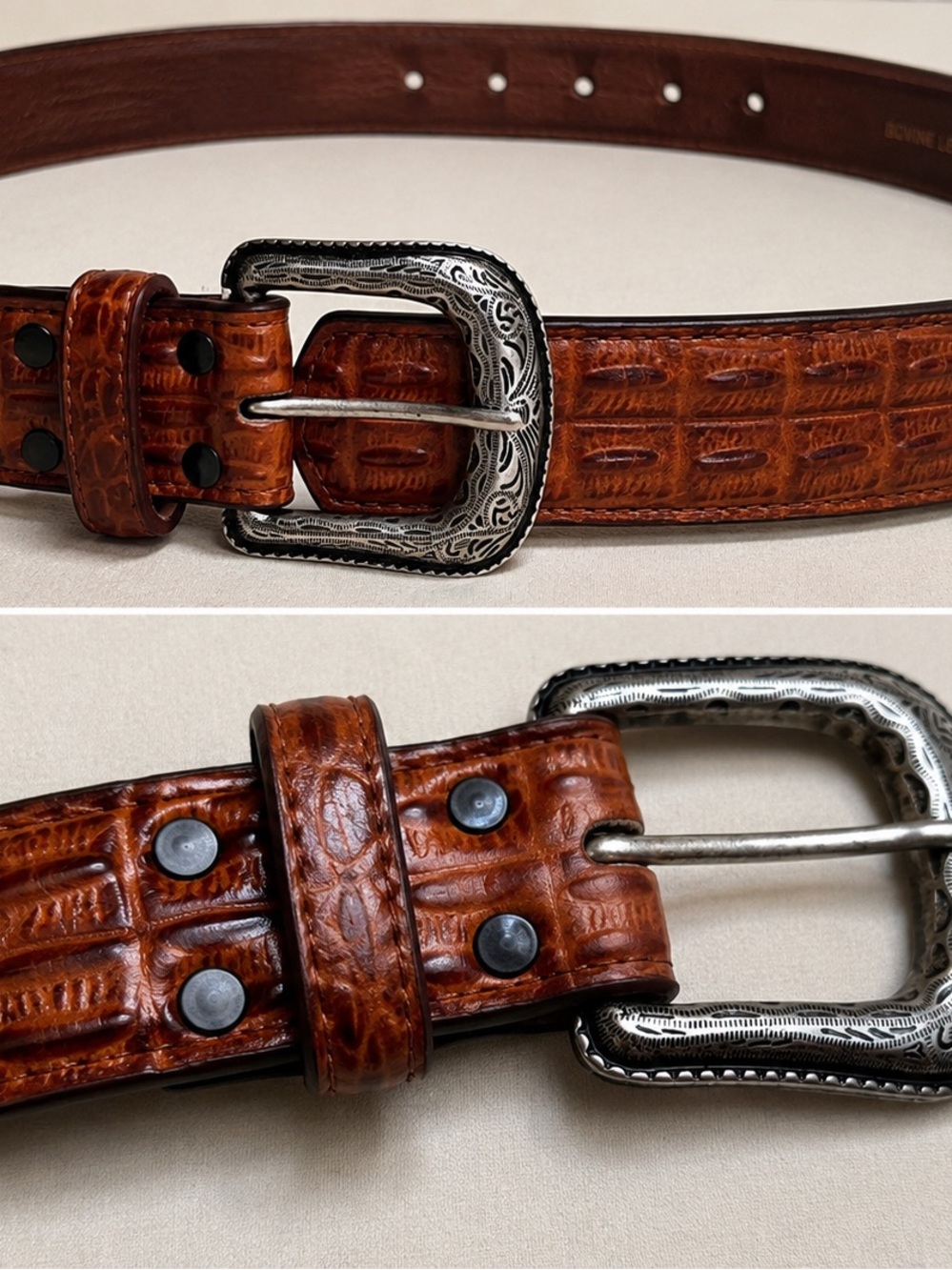 Cavender’s Men’s Brown Embossed Leather Western Belt Silver Engraved Buckle